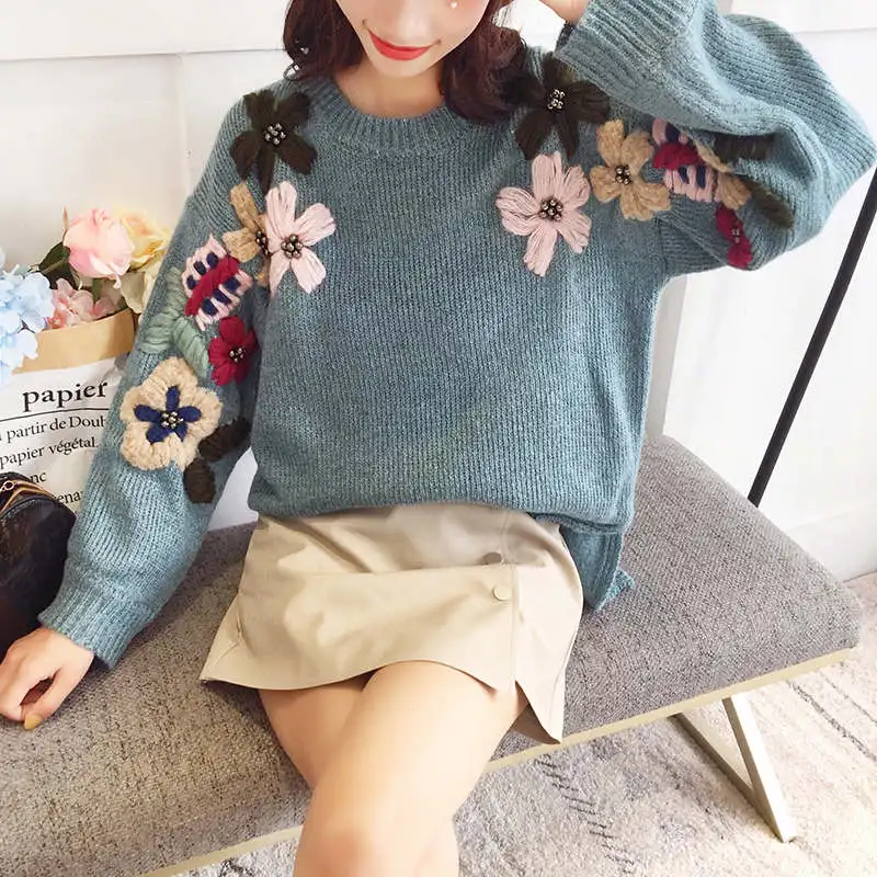 Пуловер с вышитыми цветами, женский свитер, осенне-зимний корейский свитер, модный вязаный свитер размера плюс, Женский пуловер C5979