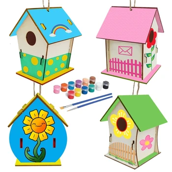 

4 Pcs DIY Bird House Painting Kit Building Wooden Birdhouse Box Art Craft Decor