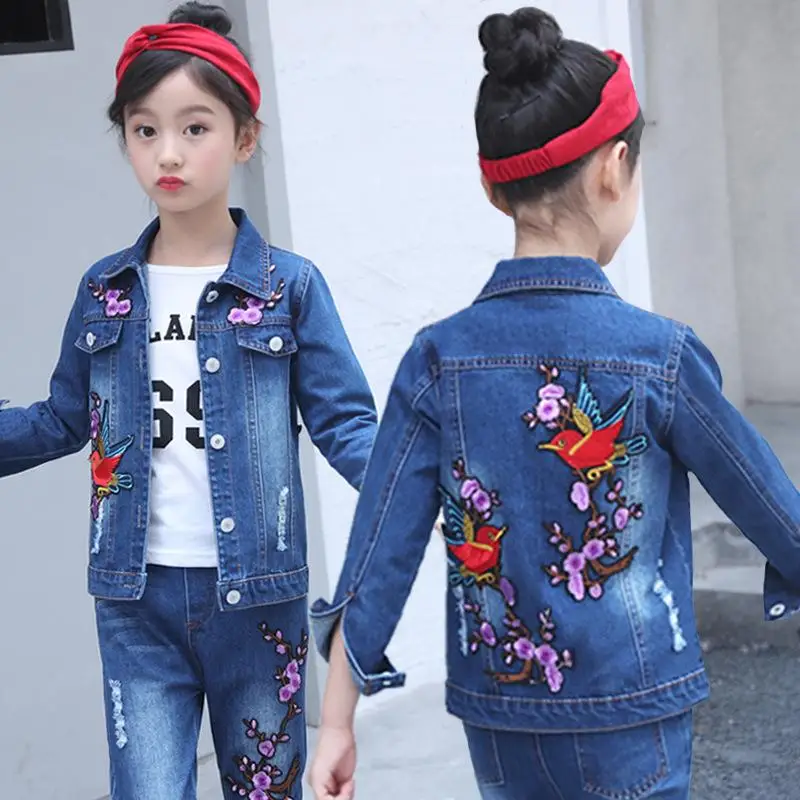 Комплект одежды для детей, корейский джинсовый костюм для девочек весенняя одежда спортивная одежда для подростков, повседневная куртка+ джинсы комплект из 2 предметов для детей 4, 6, 8, 10, 14 лет