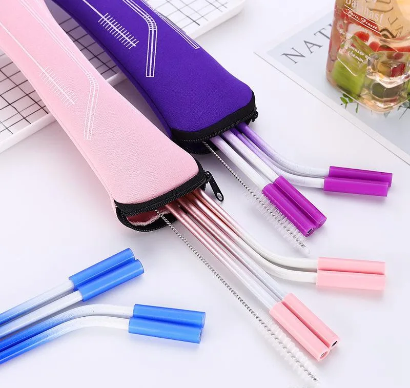 500sets/lot 20oz Portable Silicone Tip Cover Stainless Steel Straw Straight Bent Drinking Straw Travel Neoprene Storage Bag