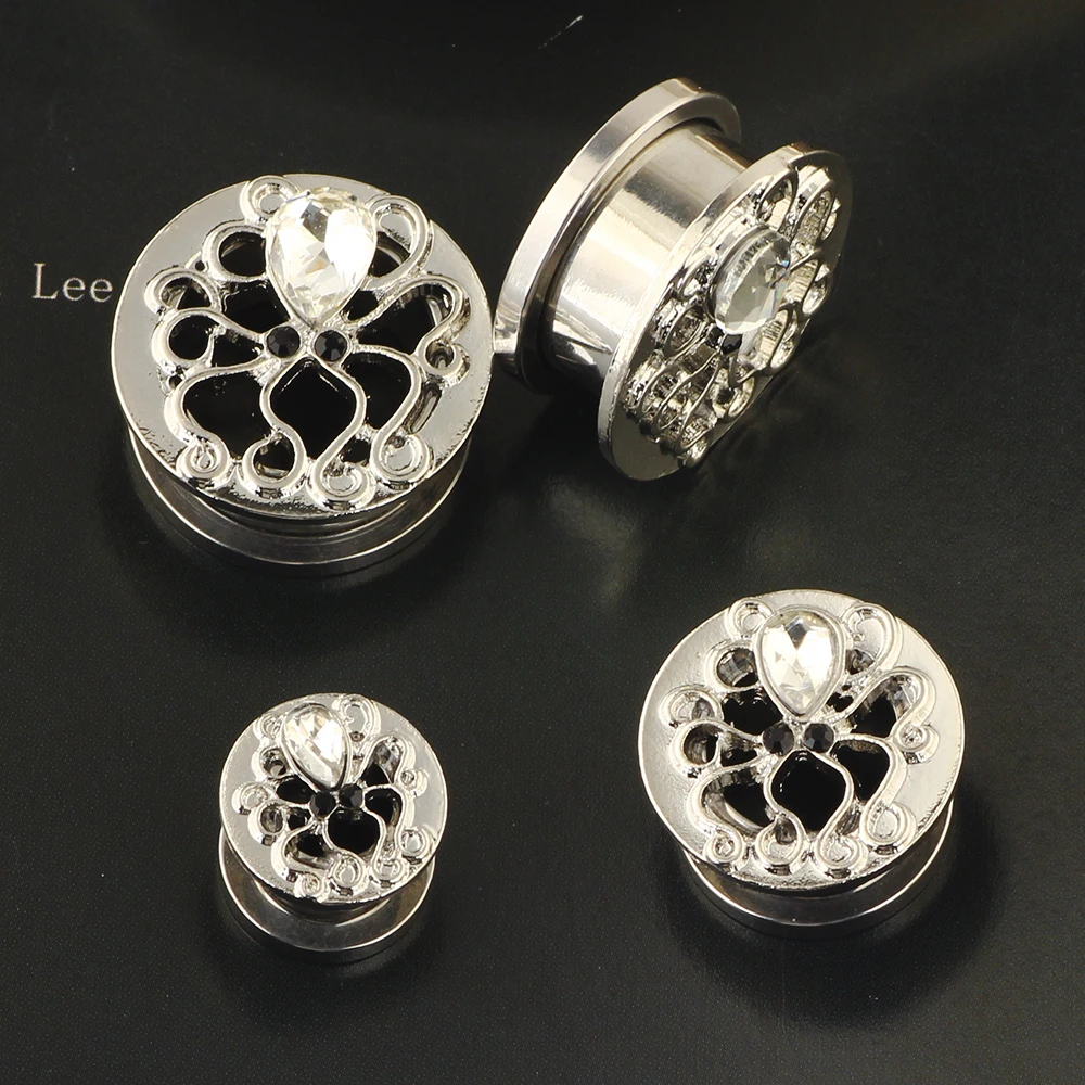 JunlowPY Surgical Steel Double Flared Screw Tunnel Rose Anodized Saddle Stretcher Ear Plugs Single Crystal Earring Piercing