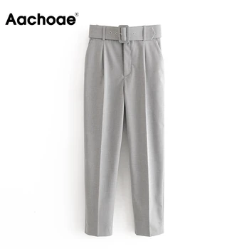 

Women Office Lady Gray Suit Pants With Belt 2020 High Waist Casual Long Trousers Female Fashion Pockets Pleated Solid Pants