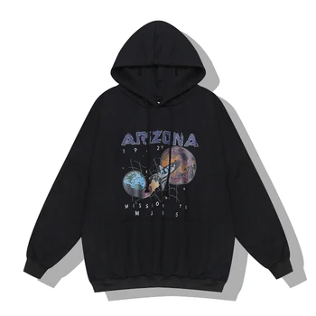 

Autumn and Winter Warm Nostalgia Old Planet Printed Spaceship Arizona Space Print Black Hooded Sweatshirt Hoodie
