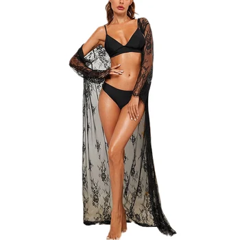 

Ladies Long Gowns Black See Though Lingerie Porno Bathrobe Bridesmaid Robes Women Sleep Wear Lace Lingerie Robe Underwear