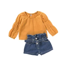 Best Price LOOZYKIT 2pcs Baby Girls Sets Children Clothes Long Sleeve Solid Cotton Linen Tops Denim Shorts Summer Toddler Girls Outfits Set Best Price LOOZYKIT 2pcs Baby Girls Sets Children Clothes Long Sleeve Solid Cotton Linen Tops Denim Shorts Summer Toddler Girls Outfits Set