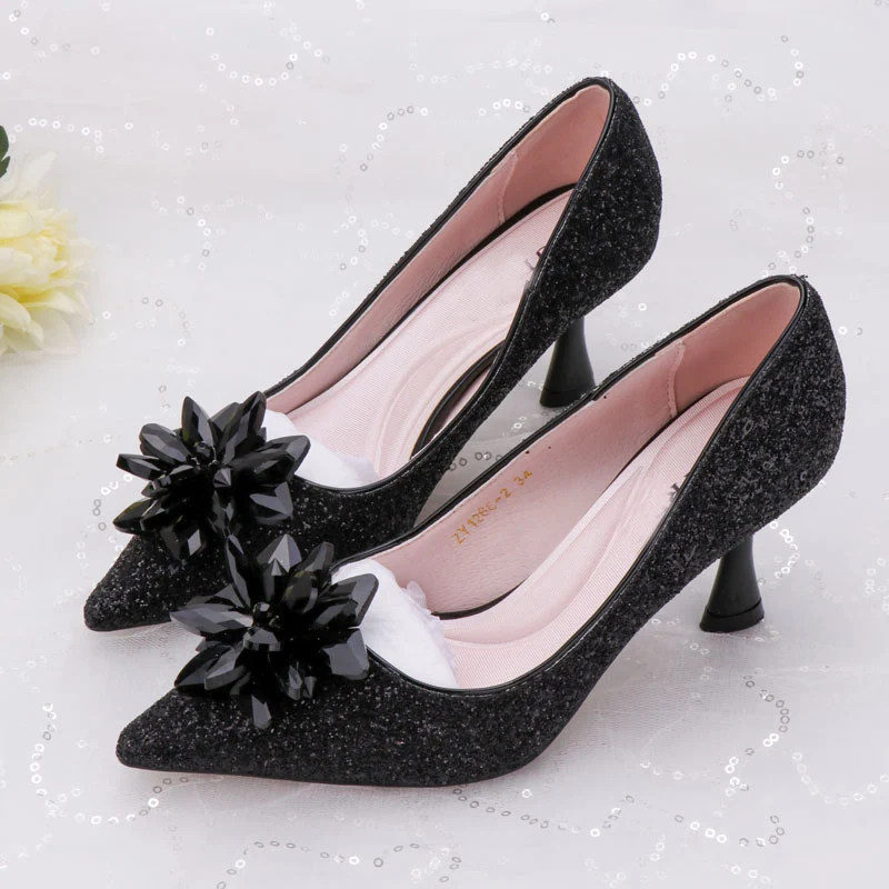 Обувь для вечеринок на среднем каблуке 6 см большие Стекло цветы блестки сверкающие Для женщин насосы развлечения, для танцев, для банкетов, удобная обувь - Цвет: 1