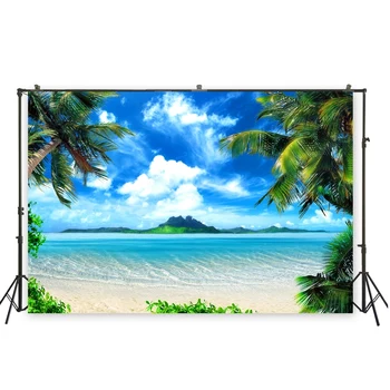 

HUAYI summer backdrop Hawaii beach themed background beach backdrop with stand palm tree back drop XT- 6594