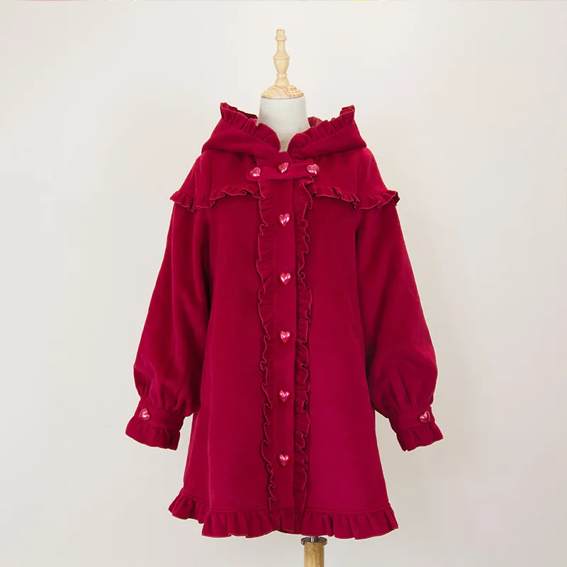 

Little Red Hooded Winter Coat Cute Single Breasted Jacket for Women