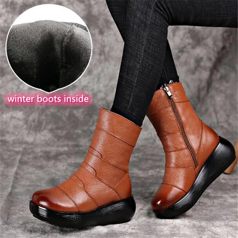 khaki winter boots Ботинки из натуральной кожи в стиле ретро; женская обувь; осенние ботинки на толстой танкетке; нескользящая женская зимняя обувь; зимние ботинки - Цвет: khaki winter boots