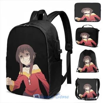 

Funny Graphic print Konosuba Megumin Smug Face USB Charge Backpack men School bags Women bag Travel laptop bag