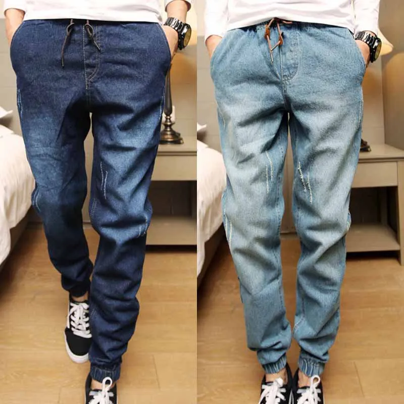 Men Casual Jeans Men Large Size Elastic Waist Legs Jeans Men Loose Hole Straight Leg Ankle Length Casual Pants