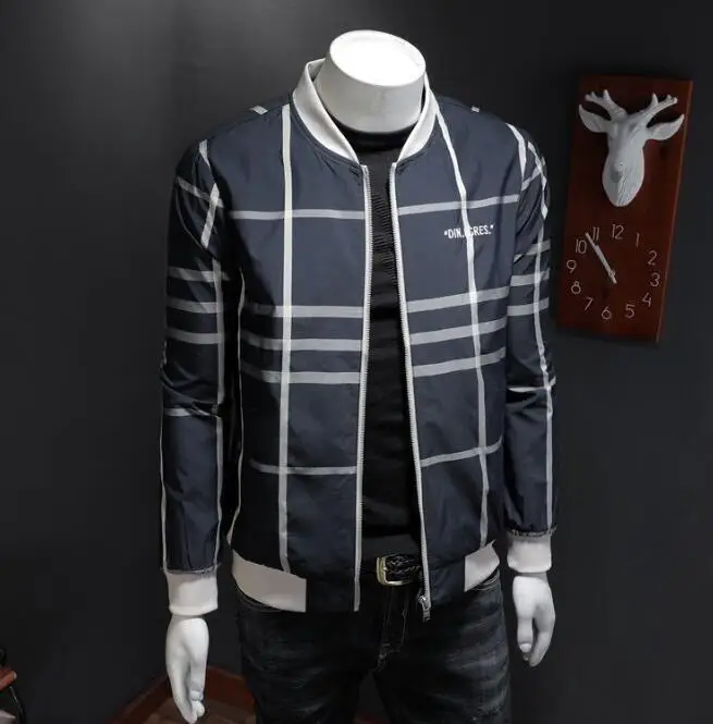 Casual Mens Outfit One Piece Striped Jacket Handsome Coat Zipper Plus Size Plaid Baseball Uniform
