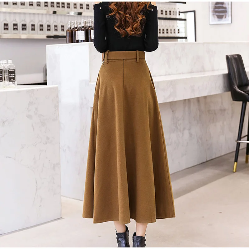 Autumn Winter Women's Woolen Maxi Skirts With Belt Pockets Vintage Wool Skirt Ladies Fashion Casual Khaki Streetwear Female