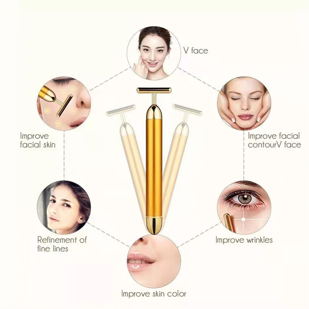 Facial massager face slimming massager 24K Gold Electric Facial Roller Bar Vibrating Face Beauty Massager T Shape Face Lift Anti-Wrinkles Skin Tightening Firming Tool
