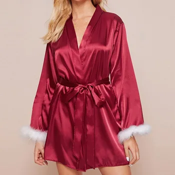 

Satin Robe Women Sleepwear Wedding Gift Fur Sleeve Casual Kimono Bathrobe Nightgown Christmas Sexy Dress Nightwear Full
