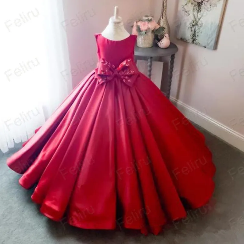 shuiyin41 (1)Red Girls Pageant Dresses Jewel Neck Bow Sleeveless Ball Gown Flower Girl Dress For Wedding Custom Made Satin Kids Formal Gown