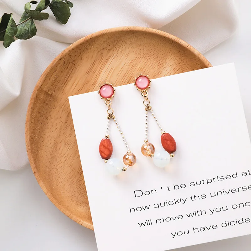 

2019 Fashion Korea Crystal Earrings Unique Simple Design Zircon Wooden Ball Beaded Handmade Dangle Earrings Jewelry