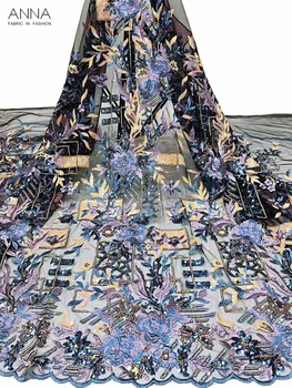 

Anna newest style african sequin lace fabric 2019 high quality french tulle laces embroidery fabrics 5 yards/pcs for party dress