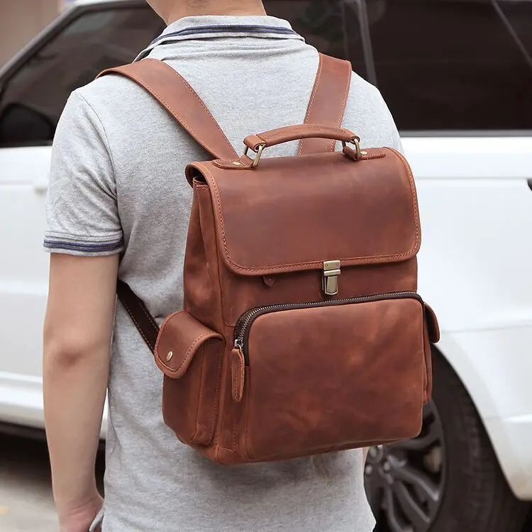 

Crazy Horse Skin Backpack Leather Men's Business Leisure Retro Backpack Large Capacity Computer Bag Leather Travel Bag Men