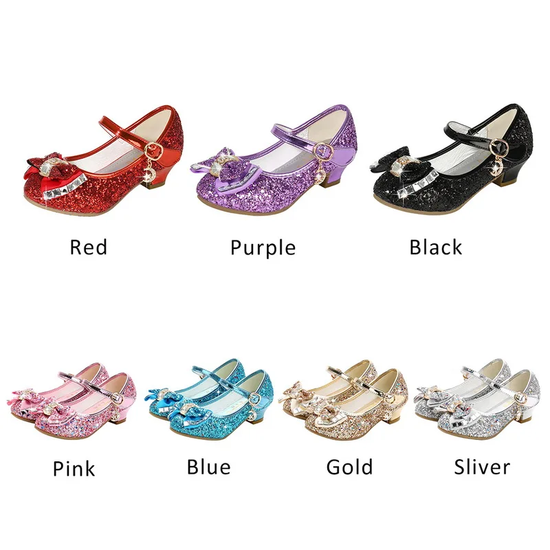 Детская кожаная обувь принцессы для девочек; Повседневная блестящая детская обувь на высоком каблуке; детское платье с бантом; сандалии со стразами; Свадебная обувь с блестками