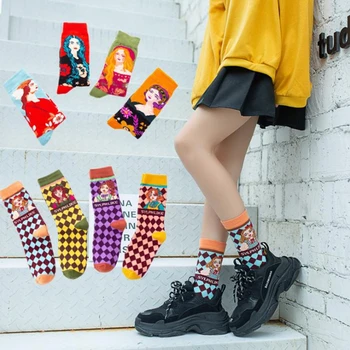 

LETSBUY 1pair Combed Cotton Colorful Van Gogh Retro Oil Painting women Socks cool casual Dress Funny party dress crew Socks