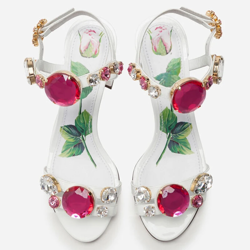 

Summer new style fashion women's sandals white Flowers printed crystal Jewelry chunky High heels party bridal wedding shoes