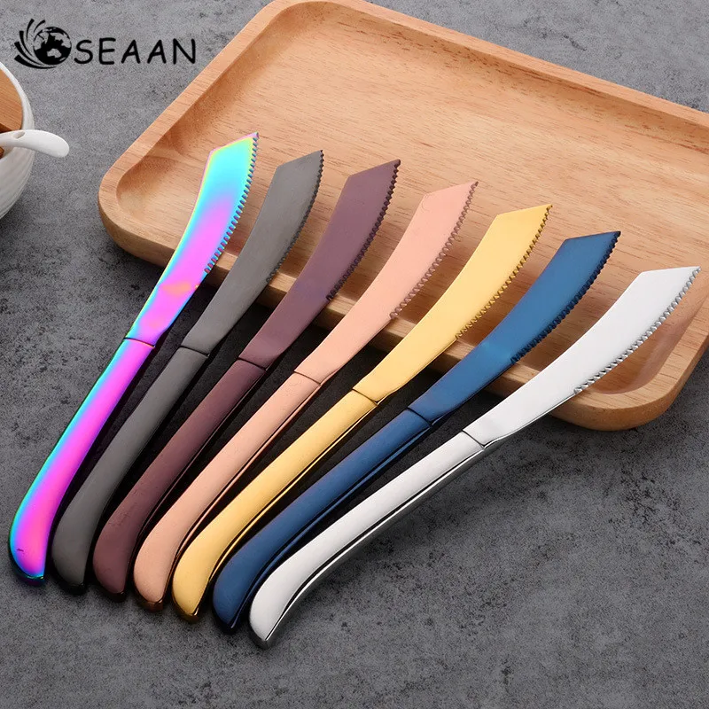 

SEAAN Stainless Steel Rainbow Steak Knife Sharp Table Knives Restaurant Cutlery Dinner Knife Black Steak Knives Dinnerware Set