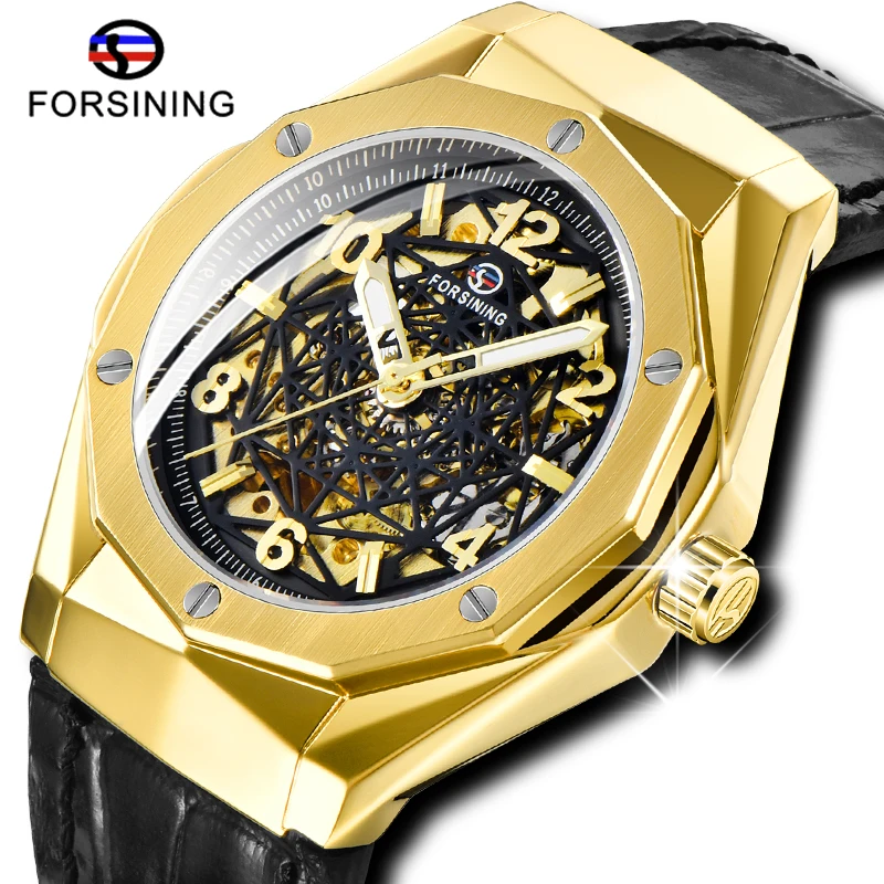

New Style FORSINING Military Men Automatic Watches Skeleton Dial Leather Strap Clock Gold Black Case Luminous Hands Wristwatches