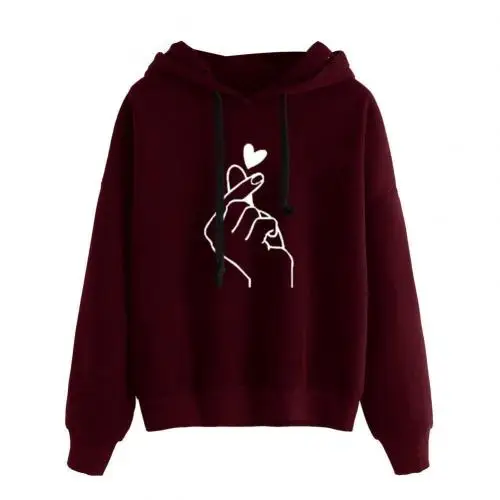 Hoodies Women Snap Finger Heart Print Long Sleeve Hooded Sweatshirt Top Casual Solid Color Sportswear S-3XL kpop худи женские - Color: Wine Red