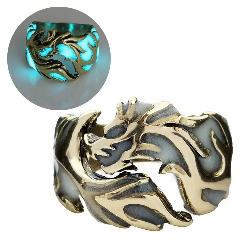 

Creative Gothic Punk Retro Embossed Dragon Pattern Luminous Ring Cool Vintage Men Jewelry Decor