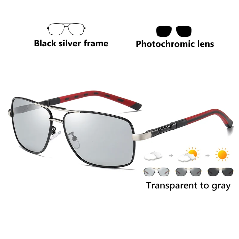 Black silver-gray Квадратные мужские солнцезащитные очки, фотохромные, поляризационные, солнцезащитные очки для женщин, для улицы, для вождения, хамелеон, линзы для дня, ночного видения, очки - Цвет линз: Black silver-gray