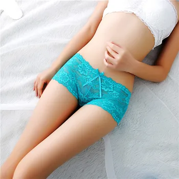 

Temptation Women Sexy Underwear Low Waist Solid Color Boxer Bow Tie Embroidery Transparent Seamless Hollow Lace Panties 1518