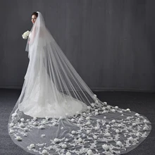 4 м 3D Цветочные Соборные Свадебные вуали свадебные фаты для невест цветок кружева два слоя Свадебные вуали белые цвета слоновой кости на заказ