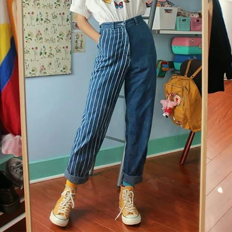 Vintage striped Women's jeans trousers straight high waist denim fabric blue female pants casual chic girl jeans