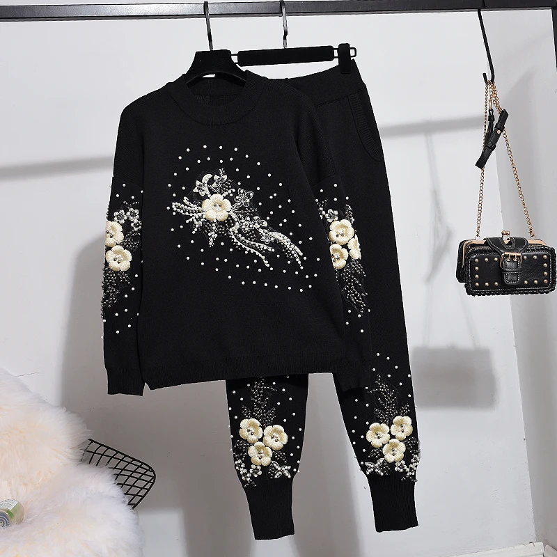 

Gray Black Knitted Tracksuits Women Outfits Beading Sequins Long sleeve Sweater Pencil Pants Set Loose Casual Knit Suit Female