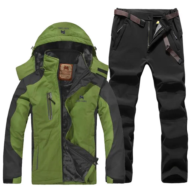 Зимний спортивный костюм для мужчин, походная куртка и походные брюки, флисовая подкладка, термальный лыжный костюм, ветронепроницаемое пальто для альпинизма