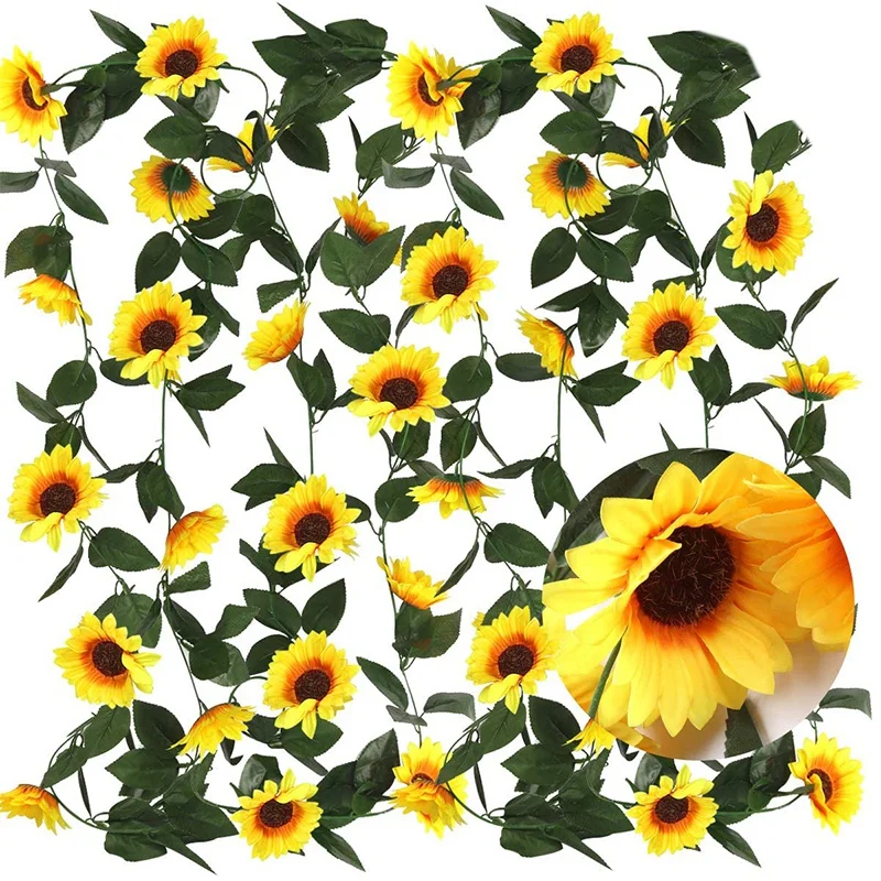 

Artificial Sunflower Garland 4Pcs Sunflower Vine with Green Leaves Sunflowers Garland for Party Garden Home Decoration