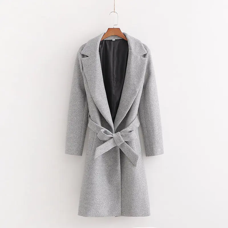 Элегантное женское серое шерстяное длинное пальто, Модное Новое Женское пальто с воротником на шнуровке, простое уличное пальто высокого качества
