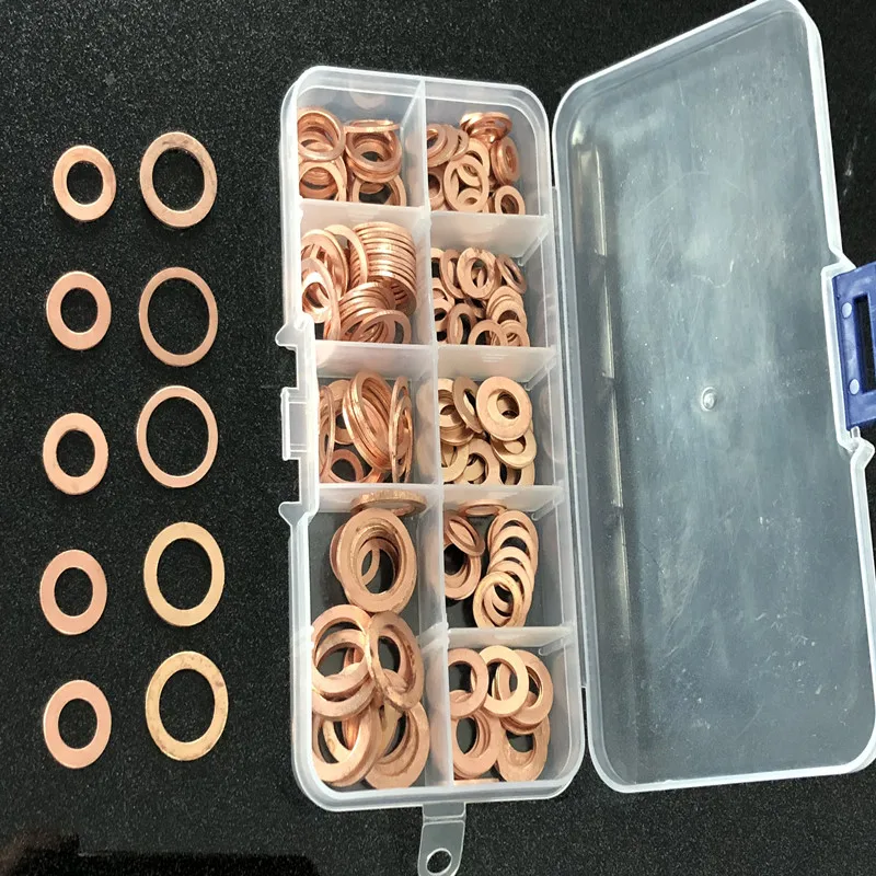 200pcs M5-M14 Copper Washers Gasket Seal Copper Gaskets Set Flat Ring Seal Kit Set with Box For Machinery Equipment