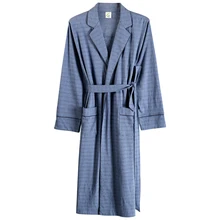 Весна/осень, Мужская Ночная рубашка, кимоно, халат, полный чистый хлопок, неглиже, v-образный вырез, интимное белье, одноцветная синяя Пижама