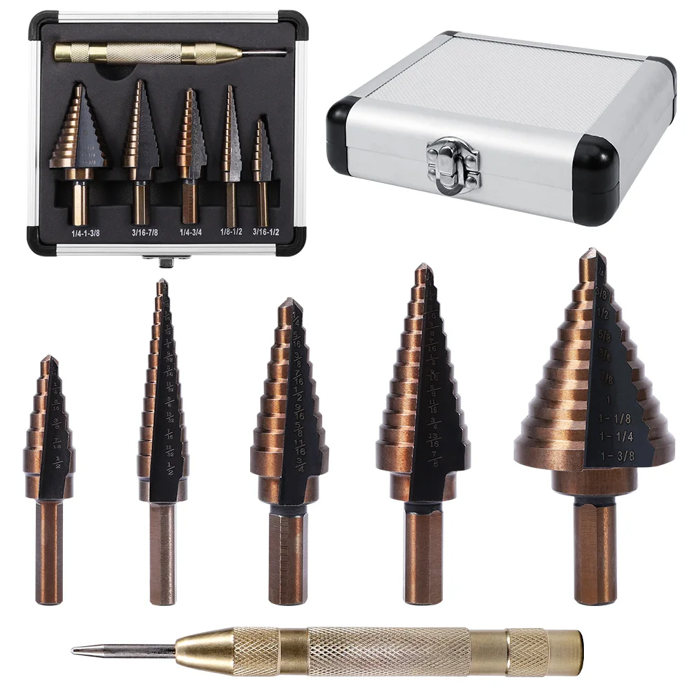 6pcs/set High Speed Steel Step Drill Bit Triangle Shank Inch Metal Drills Bit For Wood Tool Center Punch for Accurate Locator