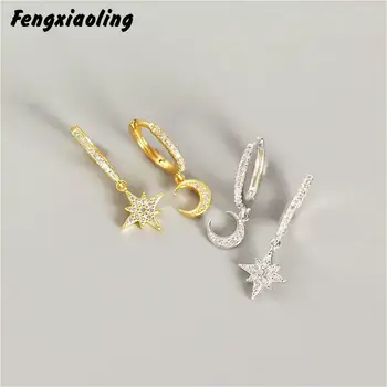 

Fengxiaoling New Fashion 925 Sterling Silver Asymmetry Moon Star Drop Earrings Jewelry Light Luxury Zircon Earrings For Women