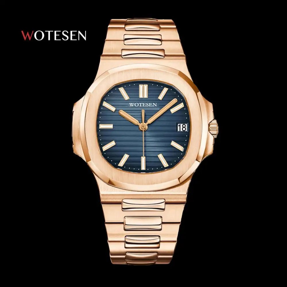 Rose gold Blue Мужские брендовые Роскошные спортивные часы, мужские военные кварцевые часы, аналоговые часы с датой, стальные Светящиеся Наручные часы patek AAA nautilus - Цвет: Rose gold Blue