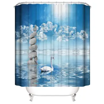 

Shower Curtain Set White Swan Blue Sky Lake Heaven Zen Stone Simple Animal Art Cute Bath Waterproof Polyester Print Fabric with