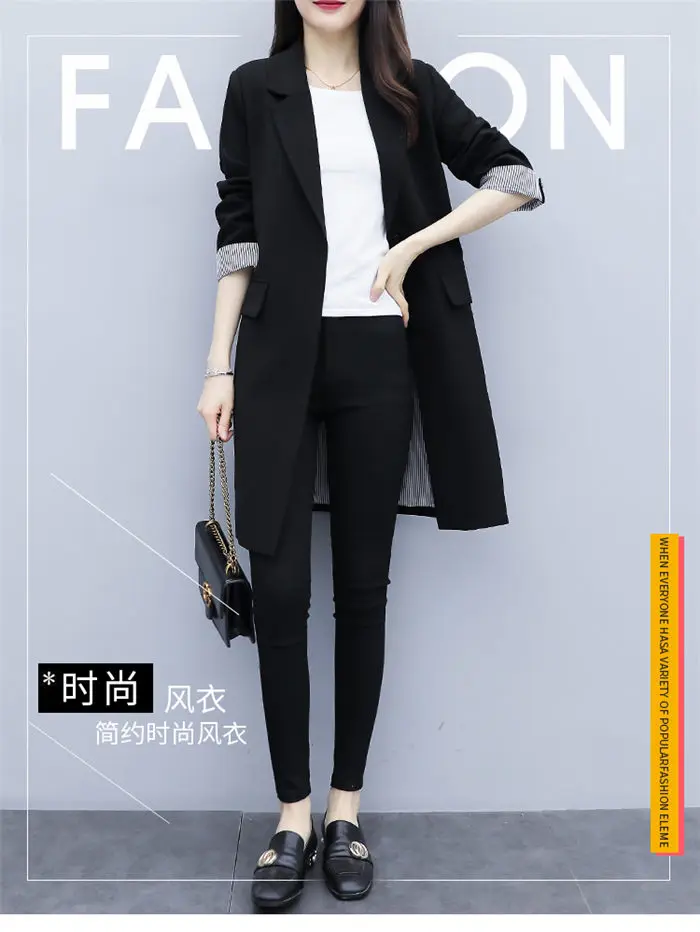 Chic Suit Jacket Women Long Section Slim Korean Version New Autumn Casual Loose Black Blazer Femme Windbreaker Coat f2240