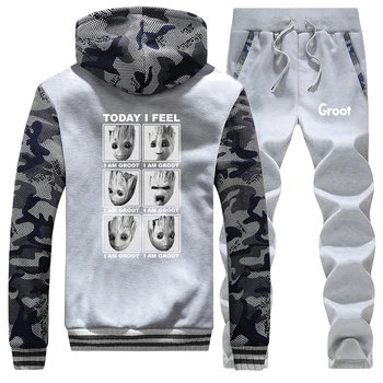 

New style 2019 men handsome man zipper Sportswear Thick Fleece Hoodie + Pant Suit fashion Groot print Tracksuit sweatpants suits