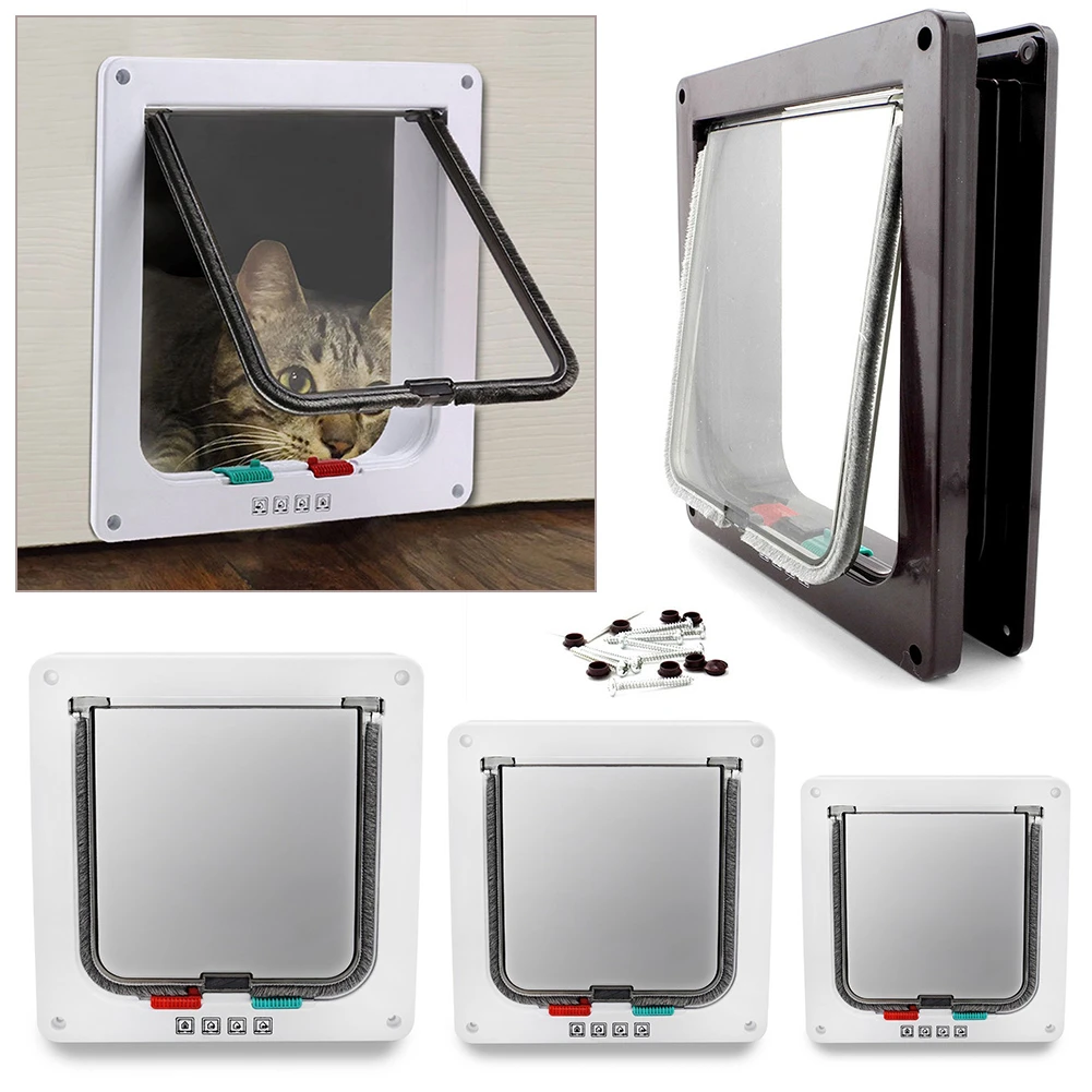 Cat Door 4 Way Locking Cat Flap Door White Brown Pet Doors For Cats