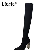 LTARTA/; женские высокие сапоги; сапоги до колена на высоком квадратном металлическом каблуке с острым носком; пикантные эластичные сапоги из тонкой шерсти DS-3128-1