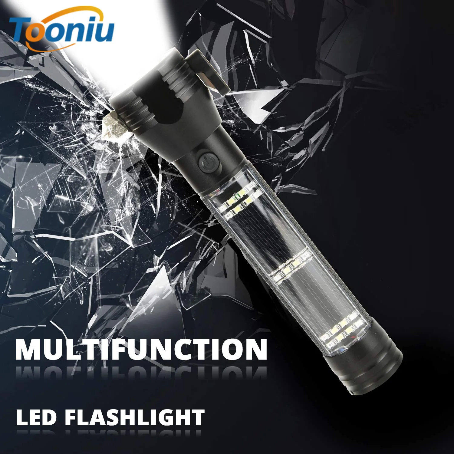USB Rechargeable Solar LED Flashlight Multi-function Emergency Torch Safety Hammer Mobile Power Compass for Outdoor Activities