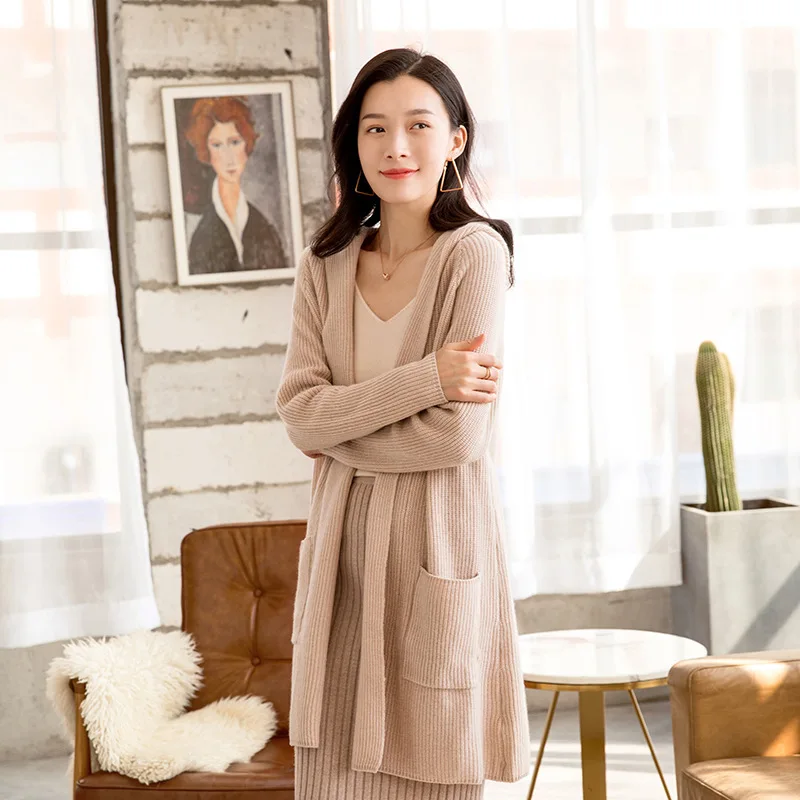 women's beige hooded cardigan cashmere sweaters long sleeve plus size loose Female knitwear high qu